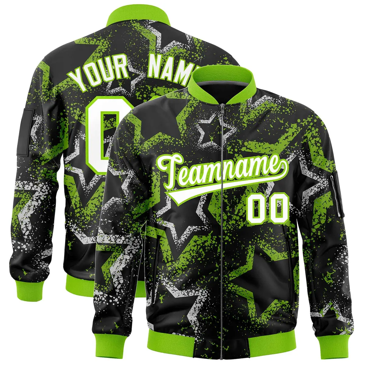 Black Star Pattern Varsity Full-Zip Letterman Bomber Jacket