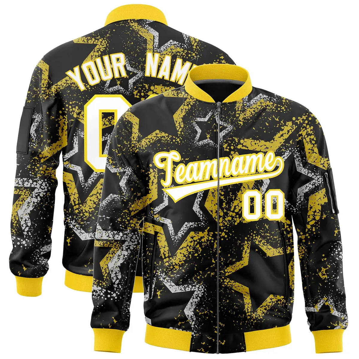 Black Star Pattern Varsity Full-Zip Letterman Bomber Jacket