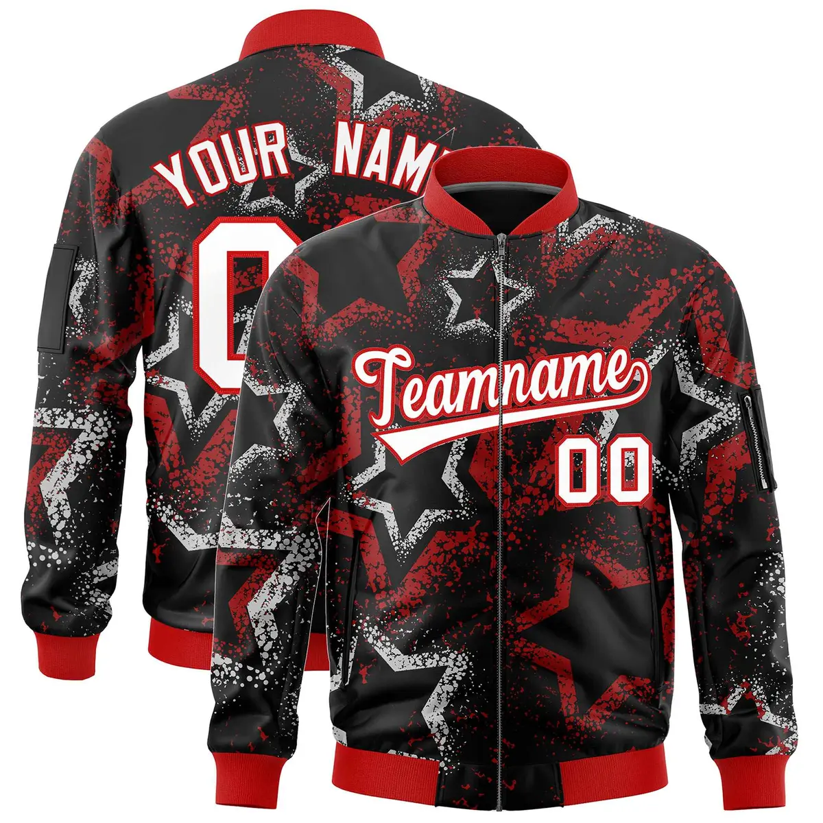 Black Star Pattern Varsity Full-Zip Letterman Bomber Jacket