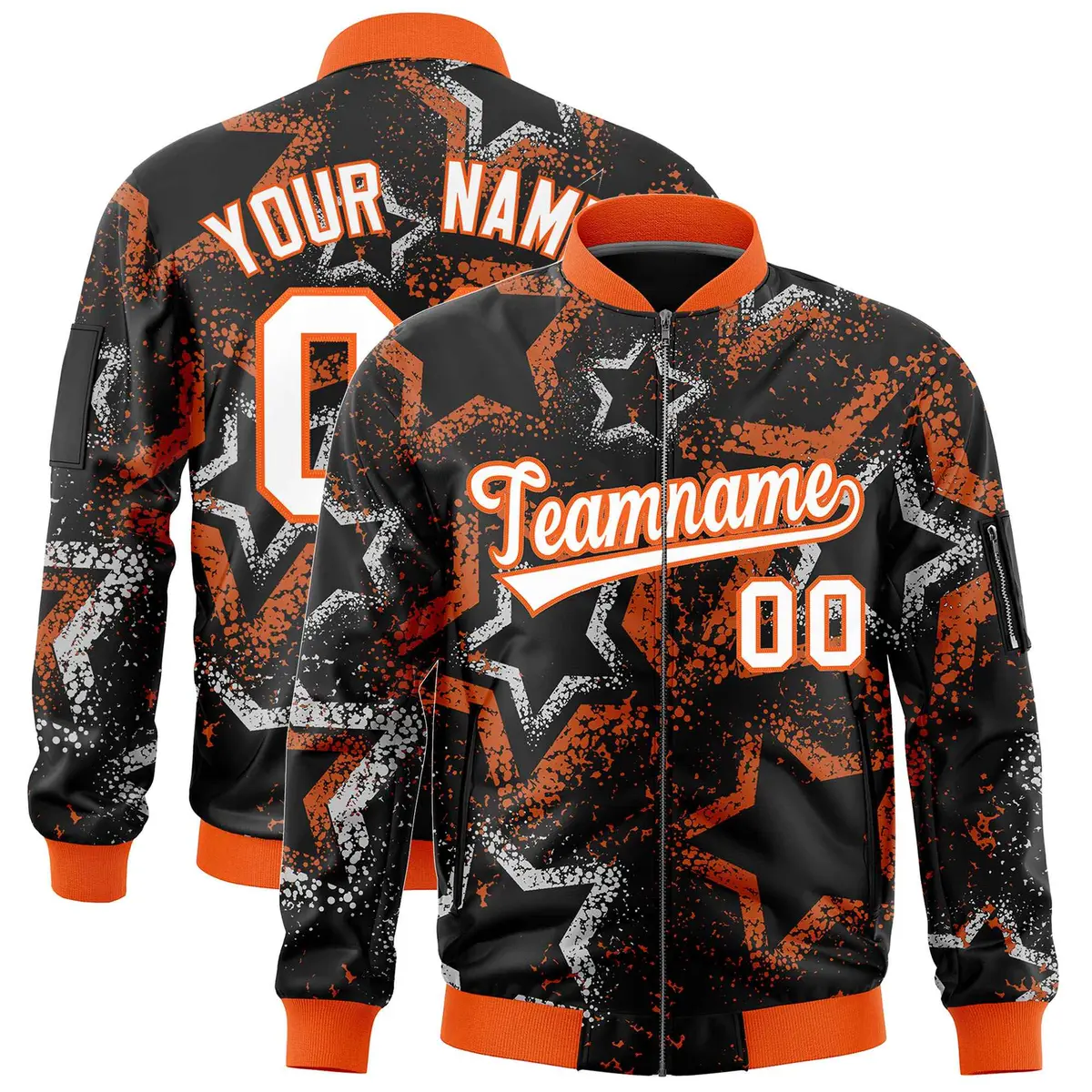 Black Star Pattern Varsity Full-Zip Letterman Bomber Jacket
