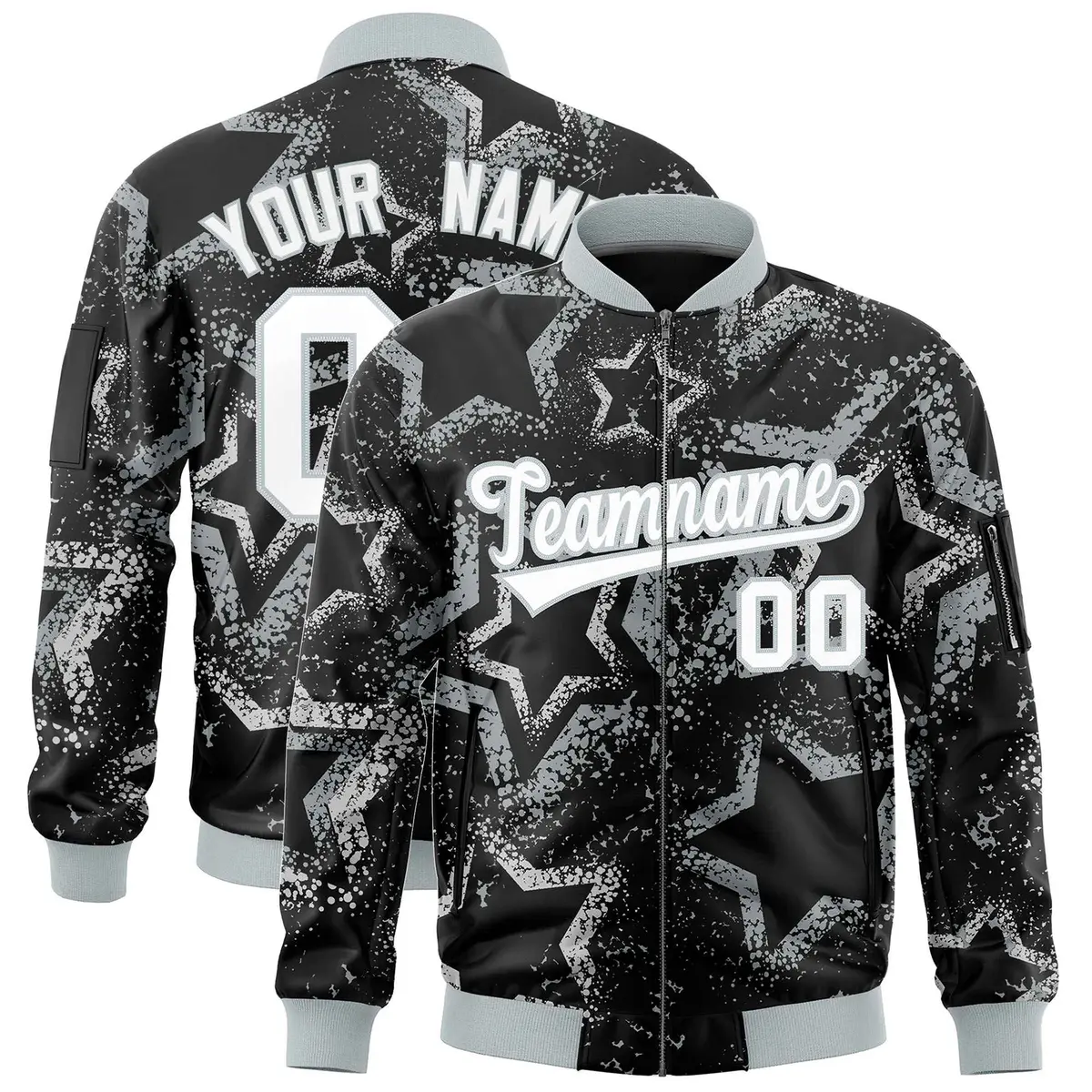Black Star Pattern Varsity Full-Zip Letterman Bomber Jacket