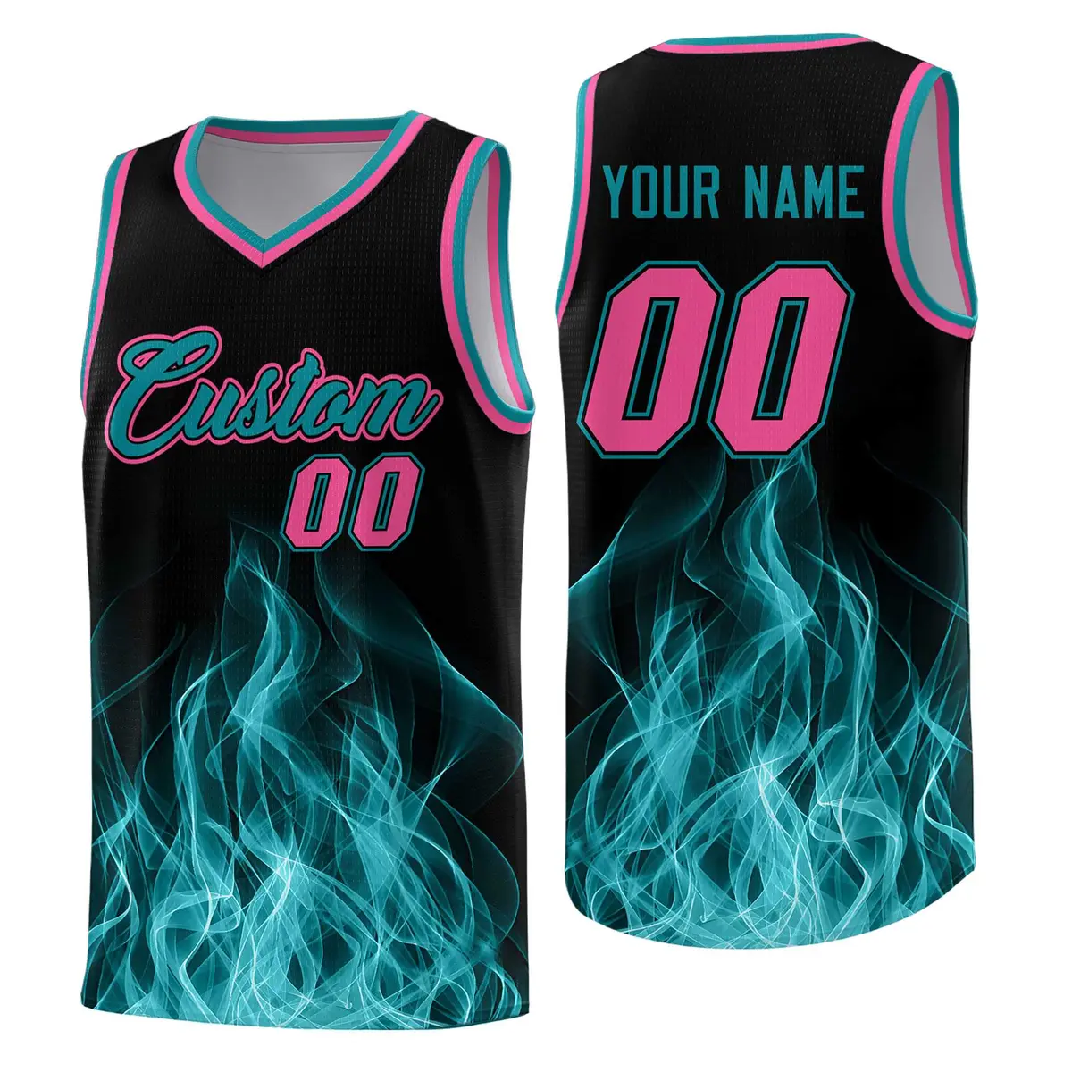 Black Teal Flame Graffiti Breathable Basketball Jersey