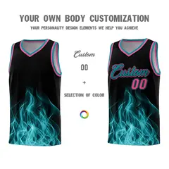 Black Teal Flame Graffiti Breathable Basketball Jersey 3