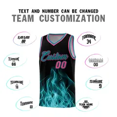 Black Teal Flame Graffiti Breathable Basketball Jersey 4