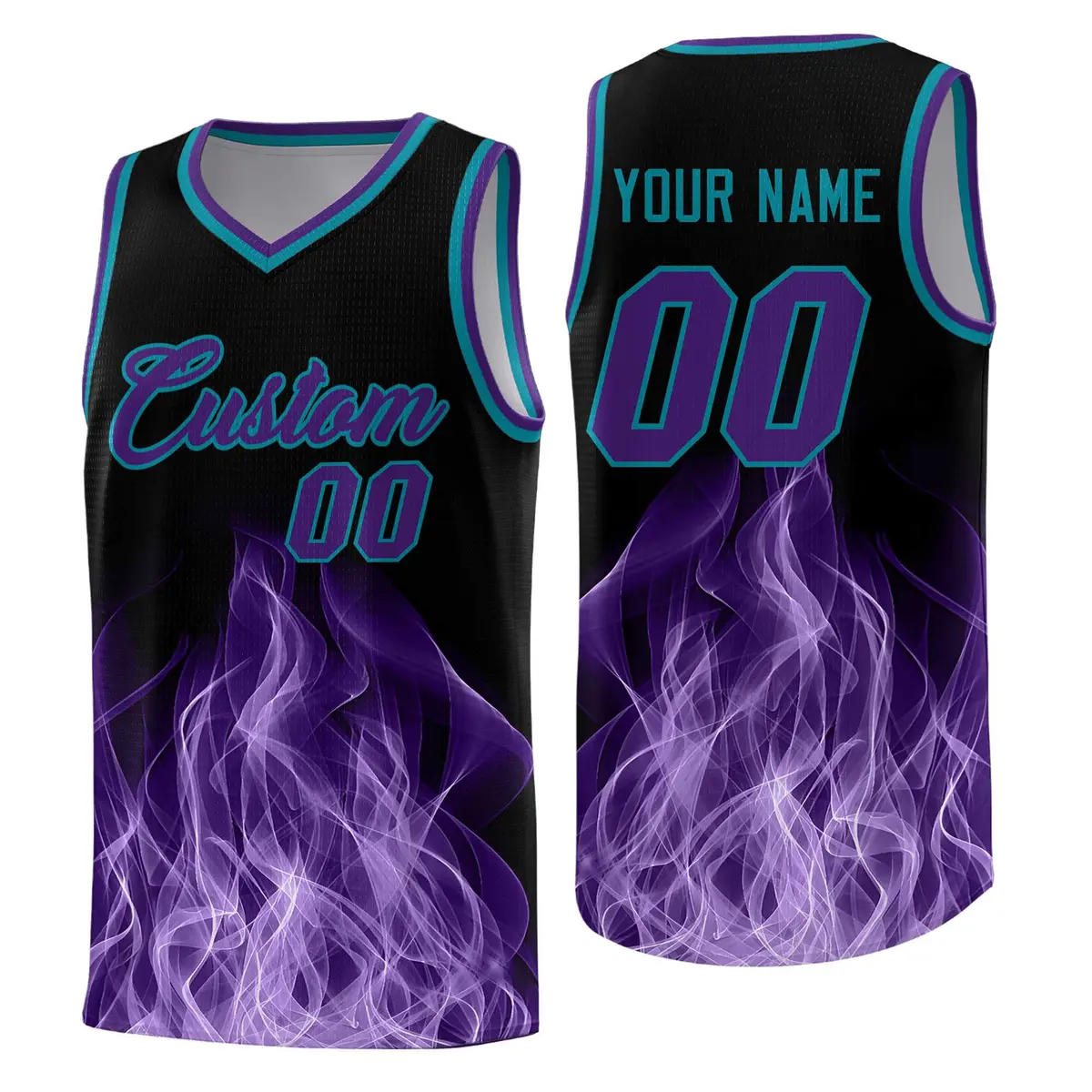 Black Teal Flame Graffiti Quick-Drying Basketball Jersey
