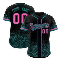 Black Teal Gradient Floral Print Full Button Baseball Jersey