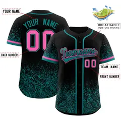 Black Teal Gradient Floral Print Full Button Baseball Jersey 2