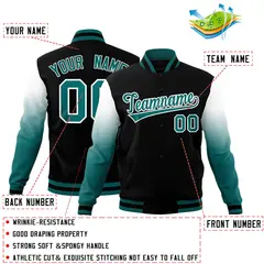 Black Teal White Gradient Raglan Full-Snap Letterman Jacket 2