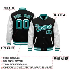 Black Teal White Varsity Full-Snap Letterman Jacket 2