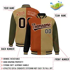 Black Texas Orange Old Gold-Olive Color Block Varsity Bomber Jacket 2