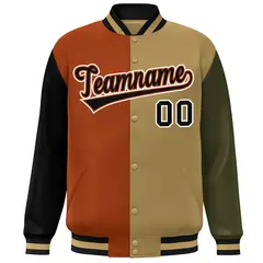 Black Texas Orange Old Gold-Olive Color Block Varsity Bomber Jacket 3
