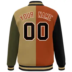 Black Texas Orange Old Gold-Olive Color Block Varsity Bomber Jacket 4