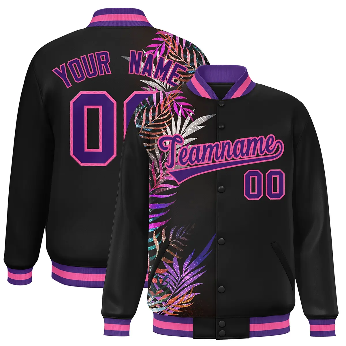 Black Varsity Flower Pattern Two Tone Split Letterman Jacket