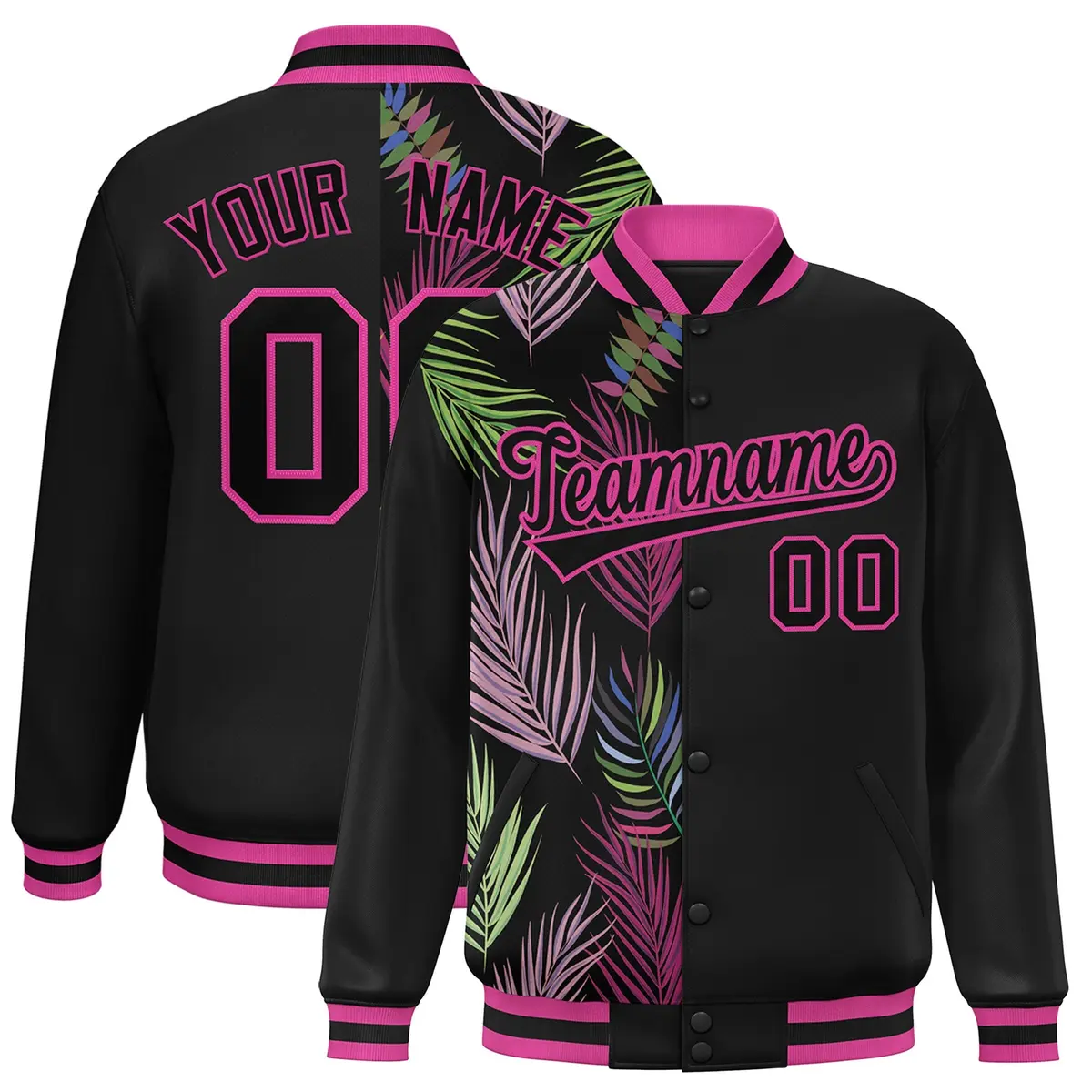 Black Varsity Flower Pattern Two Tone Split Letterman Jacket