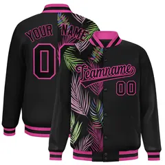 Black Varsity Flower Pattern Two Tone Split Letterman Jacket