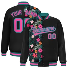 Black Varsity Flower Pattern Two Tone Split Letterman Jacket