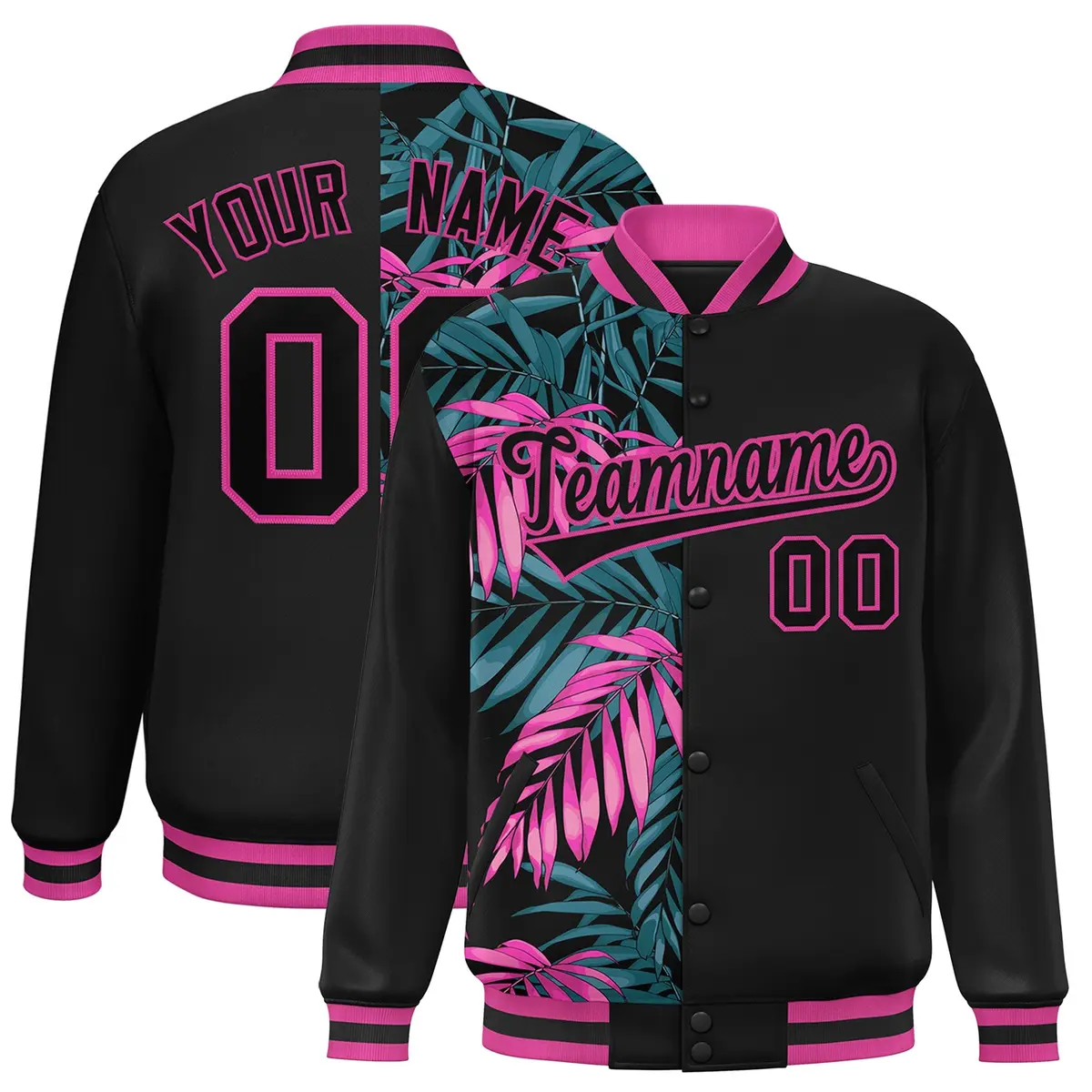 Black Varsity Flower Pattern Two Tone Split Letterman Jacket