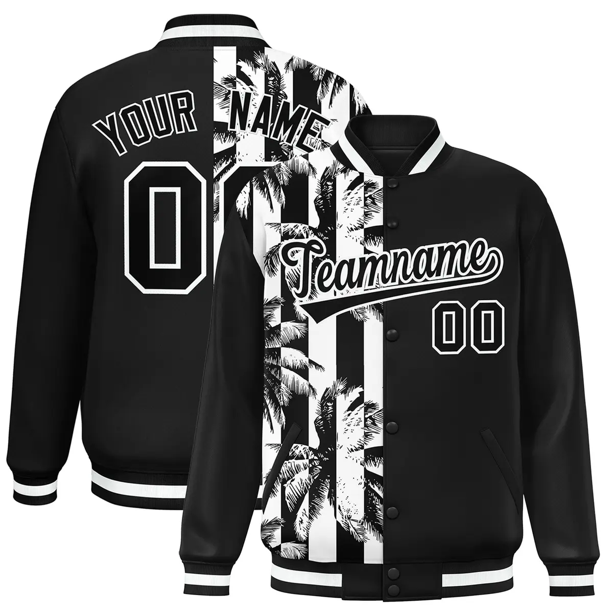 Black Varsity Flower Pattern Two Tone Split Letterman Jacket