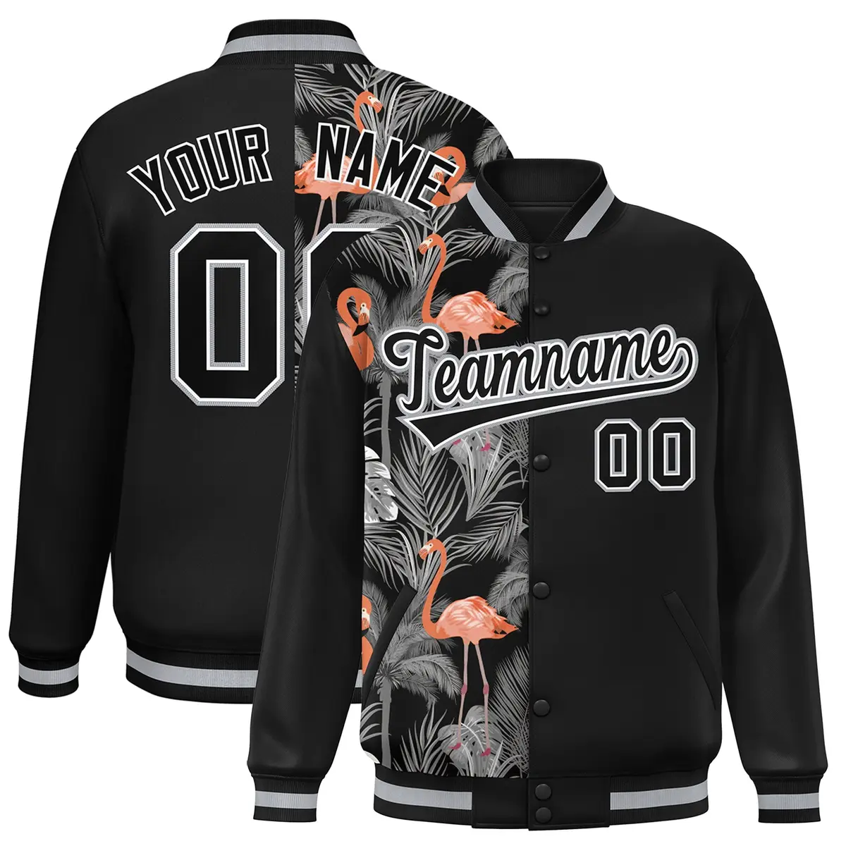 Black Varsity Flower Pattern Two Tone Split Letterman Jacket