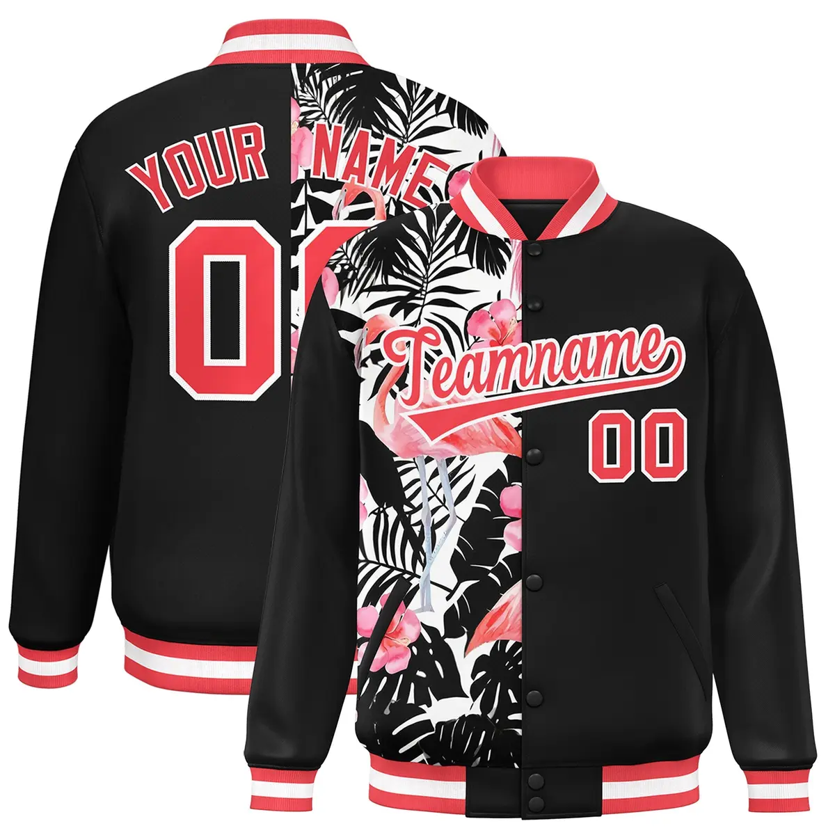 Black Varsity Flower Pattern Two Tone Split Letterman Jacket