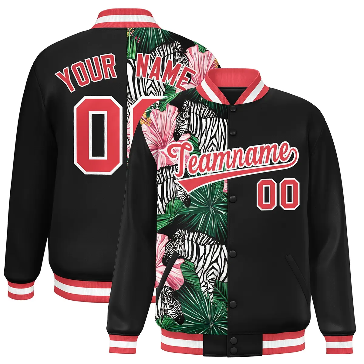 Black Varsity Flower Pattern Two Tone Split Letterman Jacket