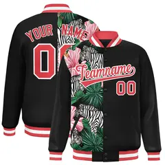 Black Varsity Flower Pattern Two Tone Split Letterman Jacket