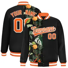 Black Varsity Flower Pattern Two Tone Split Letterman Jacket