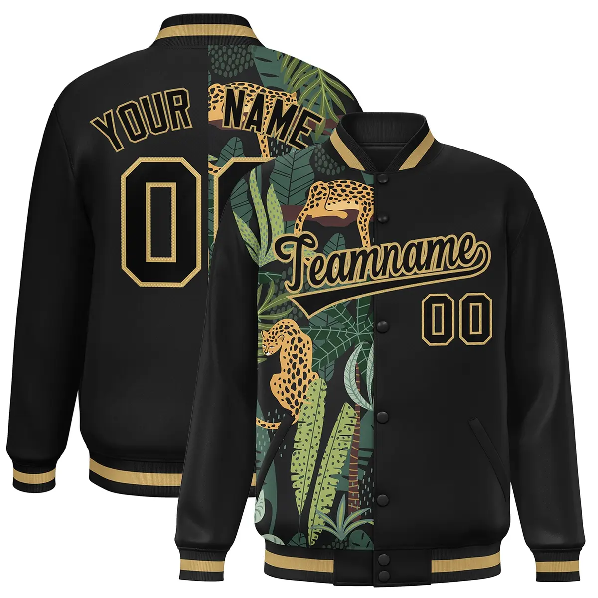 Black Varsity Flower Pattern Two Tone Split Letterman Jacket