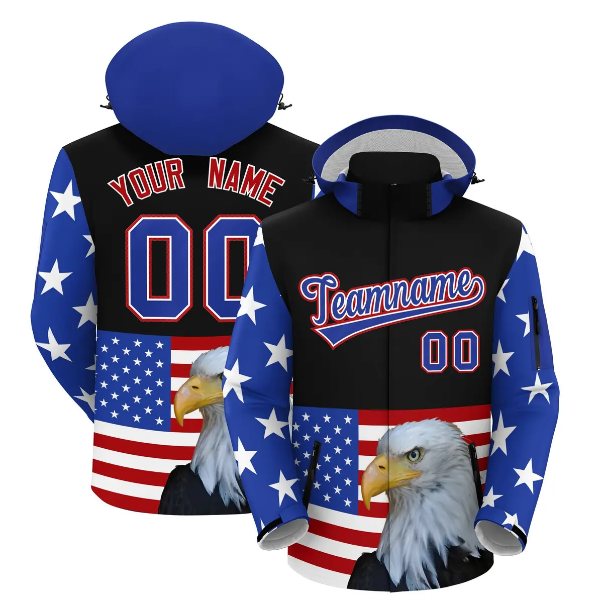 Black White American Flag Independence Day Waterproof Jacket