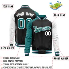Black White-Aqua Varsity Full-Zip Raglan Letterman Baseball Jacket 4
