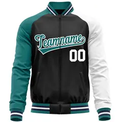 Black White-Aqua Varsity Full-Zip Raglan Letterman Baseball Jacket 5