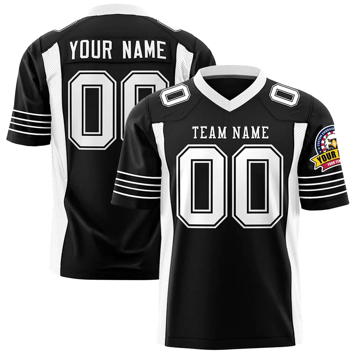 Black White Authentic Football Jersey with Sleeve Stripes