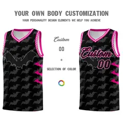Black White Bat Pattern Halloween Basketball Jersey 3