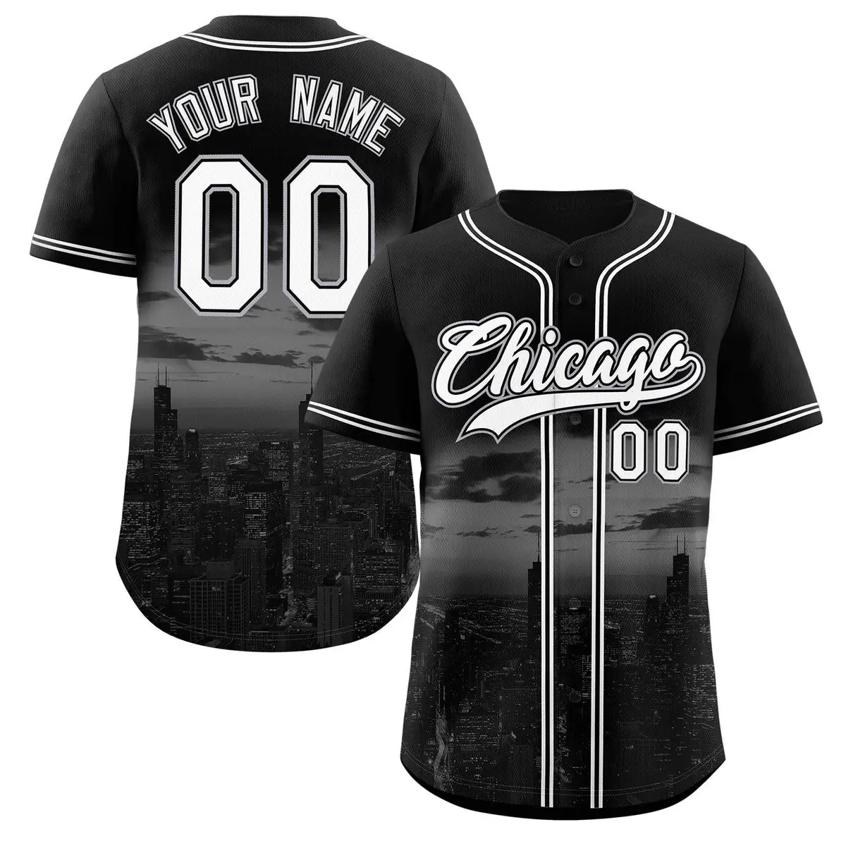 Black White-Black Chicago City Skyline Baseball Jersey