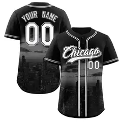 Black White-Black Chicago City Skyline Baseball Jersey 1