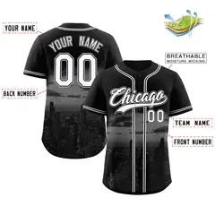 Black White-Black Chicago City Skyline Baseball Jersey 2