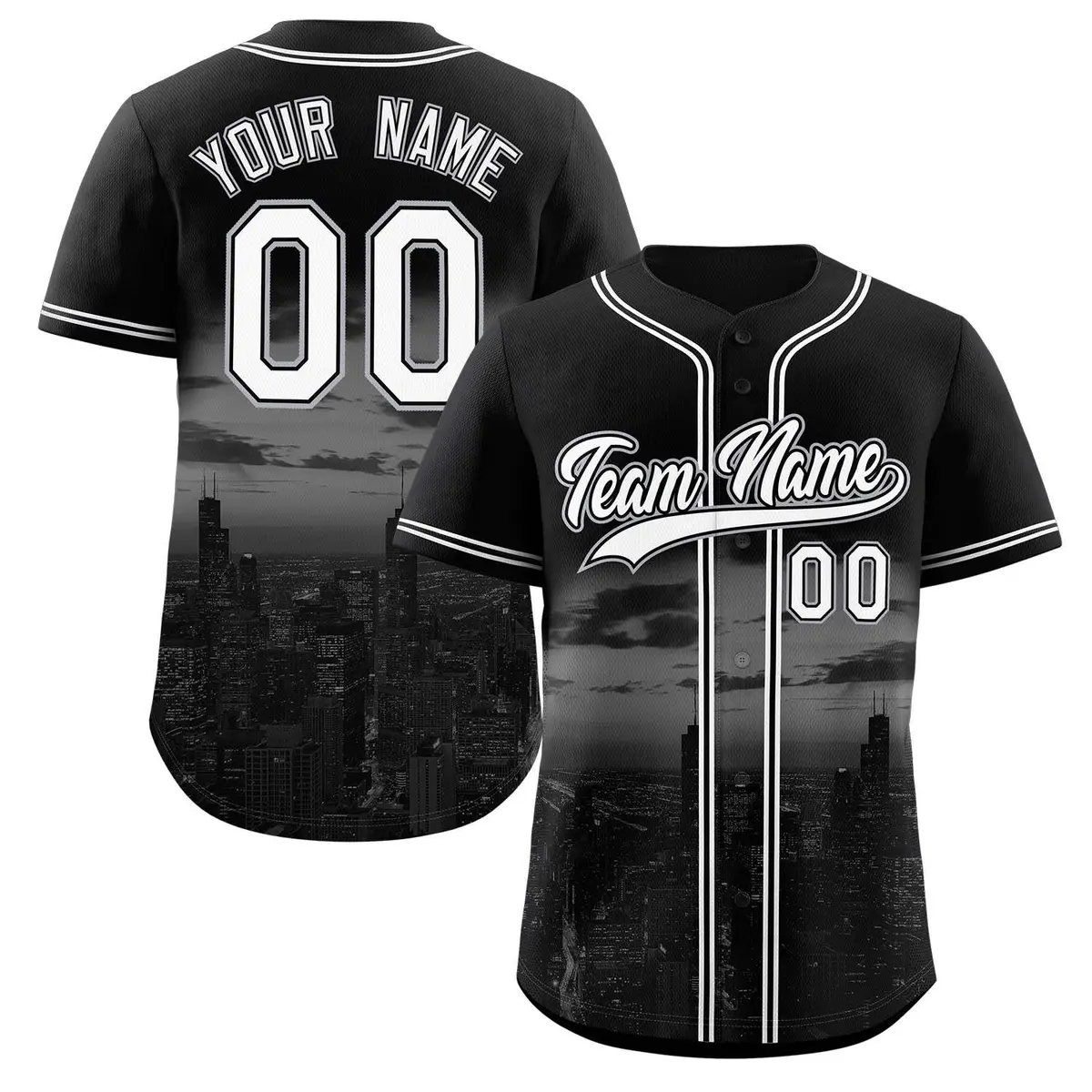 Black White-Black Chicago City Skyline Baseball Jersey
