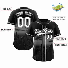 Black White-Black Chicago City Skyline Baseball Jersey 2
