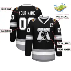 Black White Black-Gray Classic Style Hockey Jersey 2