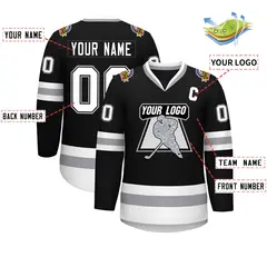 Black White Black-Gray Classic Style Hockey Jersey 2