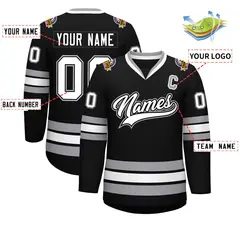 Black White Black-Gray Classic Style Hockey Jersey 2