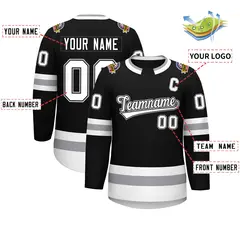 Black White Black-Gray Classic Style Hockey Jersey 2