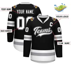 Black White Black-Gray Classic Style Hockey Jersey 2