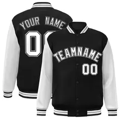 Black White-Black Raglan Sleeves Varsity Full-Snap Letterman Jacket