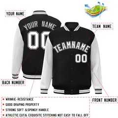 Black White-Black Raglan Sleeves Varsity Full-Snap Letterman Jacket 2