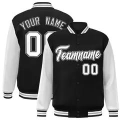 Black White-Black Raglan Sleeves Varsity Full-Snap Letterman Jacket