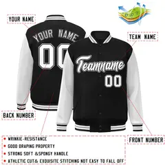 Black White-Black Raglan Sleeves Varsity Full-Snap Letterman Jacket 2