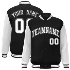 Black White-Black Raglan Sleeves Varsity Full-Snap Letterman Jacket