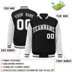Black White-Black Raglan Sleeves Varsity Full-Snap Letterman Jacket 2