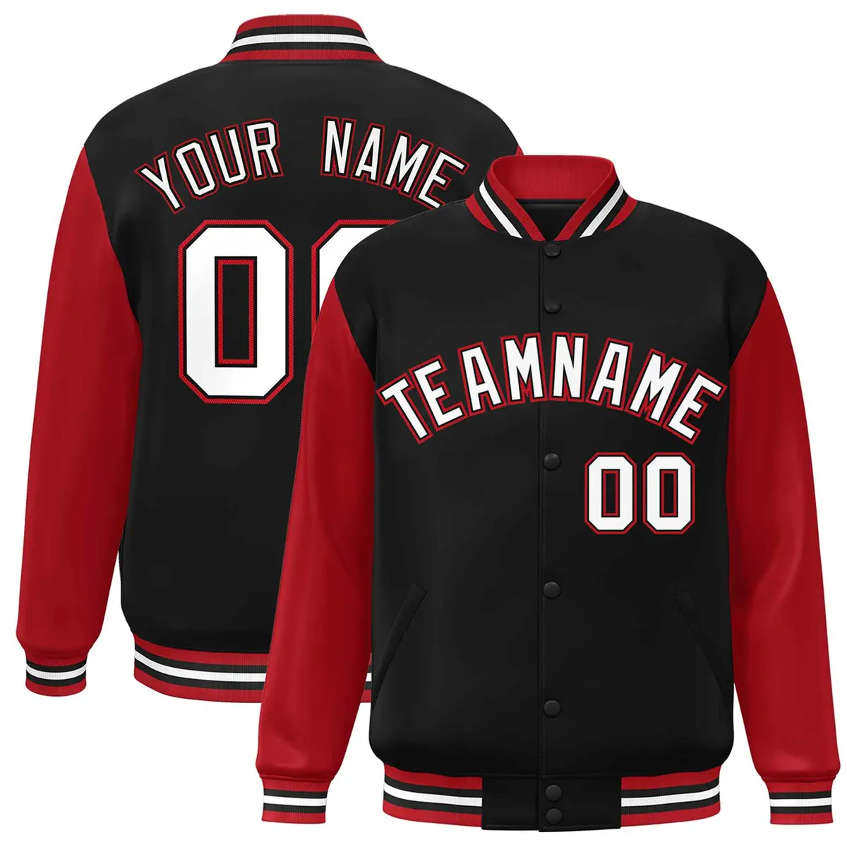 Black White-Black Raglan Sleeves Varsity Full-Snap Letterman Jacket